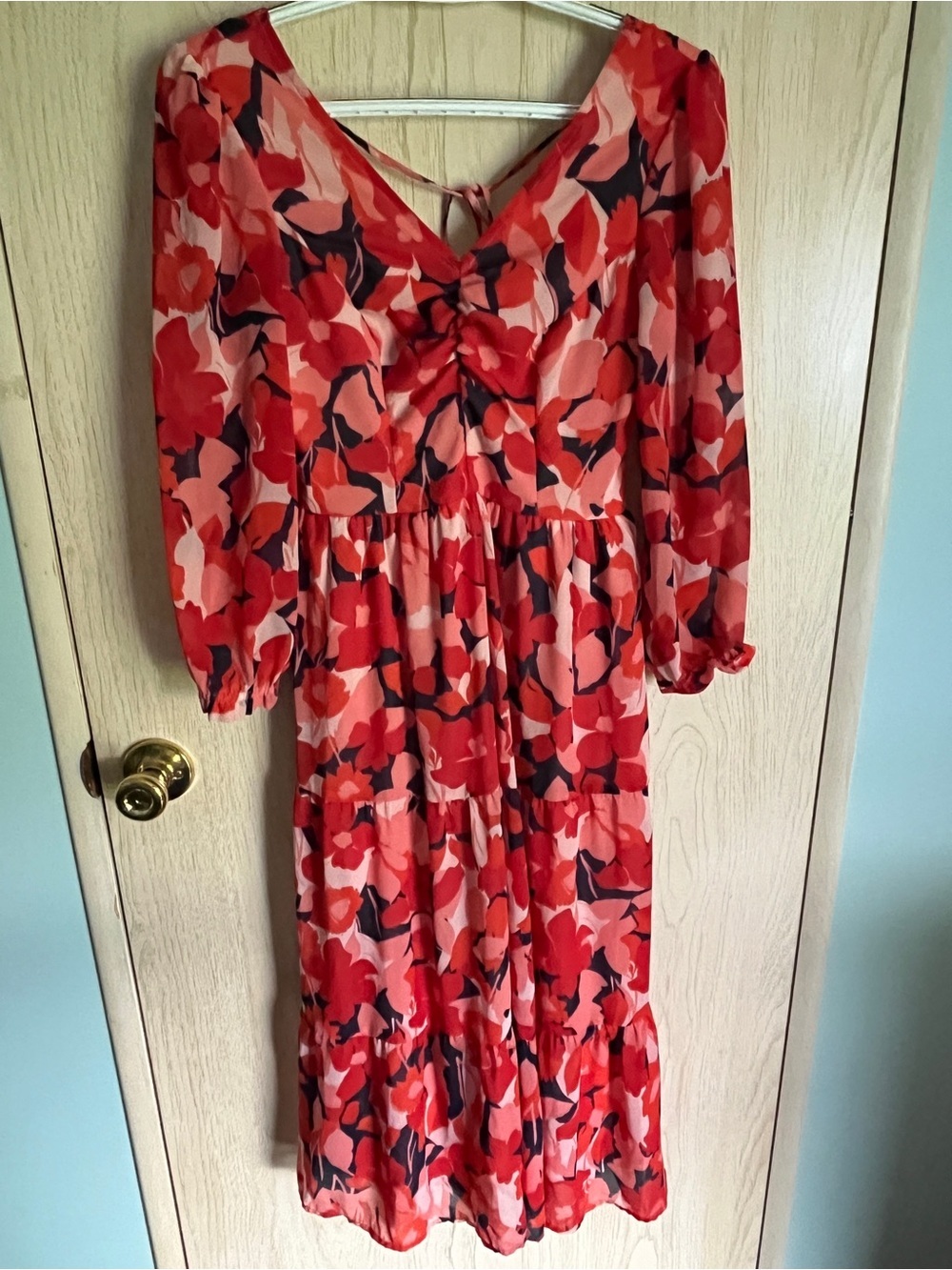 Sincerely Jules Floral Dress Midi Red Pink Chiffon Sz Small